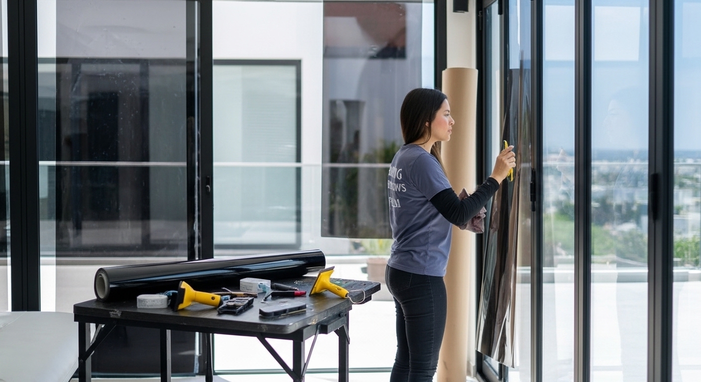 Instalación profesional de una película de seguridad 3M Scotchshield en un gran ventanal de oficina.