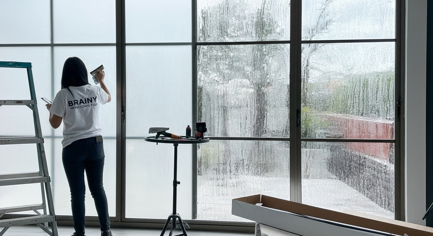 Oficina moderna con vinil esmerilado en las ventanas