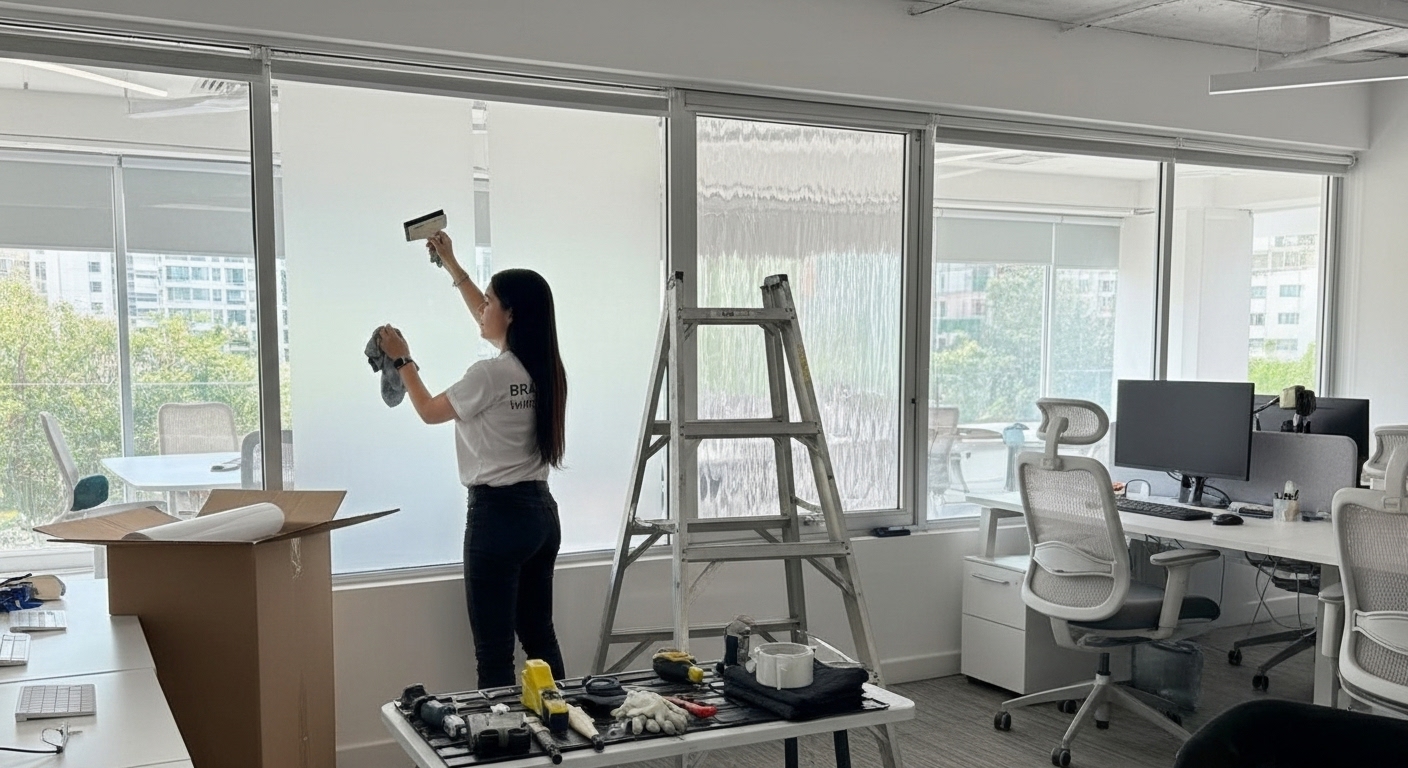 Oficina moderna con vinil esmerilado privacidad en divisiones de cristal